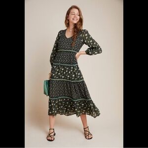 Anthropologie Karoline Tiered Maxi Dress Long Sleeve Ditsy Floral size 14 Boho